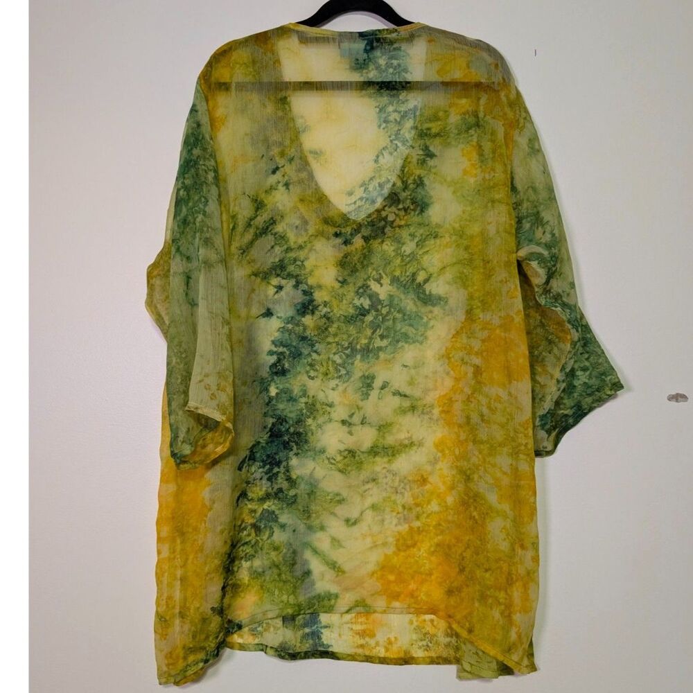 Aqua Blue Boho Sheer Beaded Swim Cover Up 2X Green Gold Tie Dye Resort Top - Picture 3 of 5